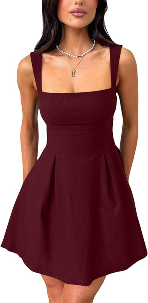 YMDUCH Women's Sexy Sleeveless Square Neck Adjustable Straps Bow Tie A-line Mini Party Club Dress | Amazon (US)