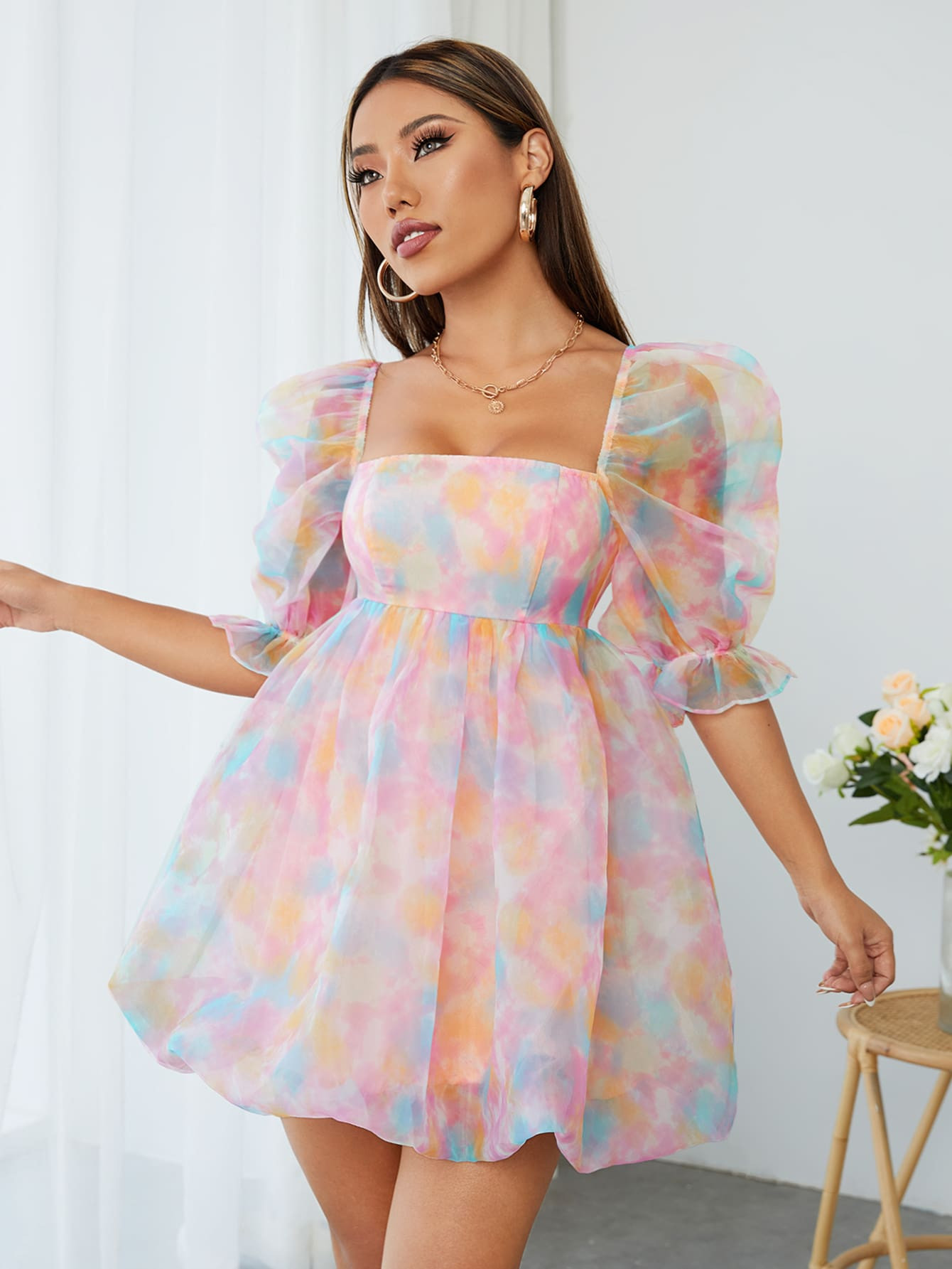 SHEIN PETITE Tie Dye Square Neck Puff Sleeve Organza Dress | SHEIN
