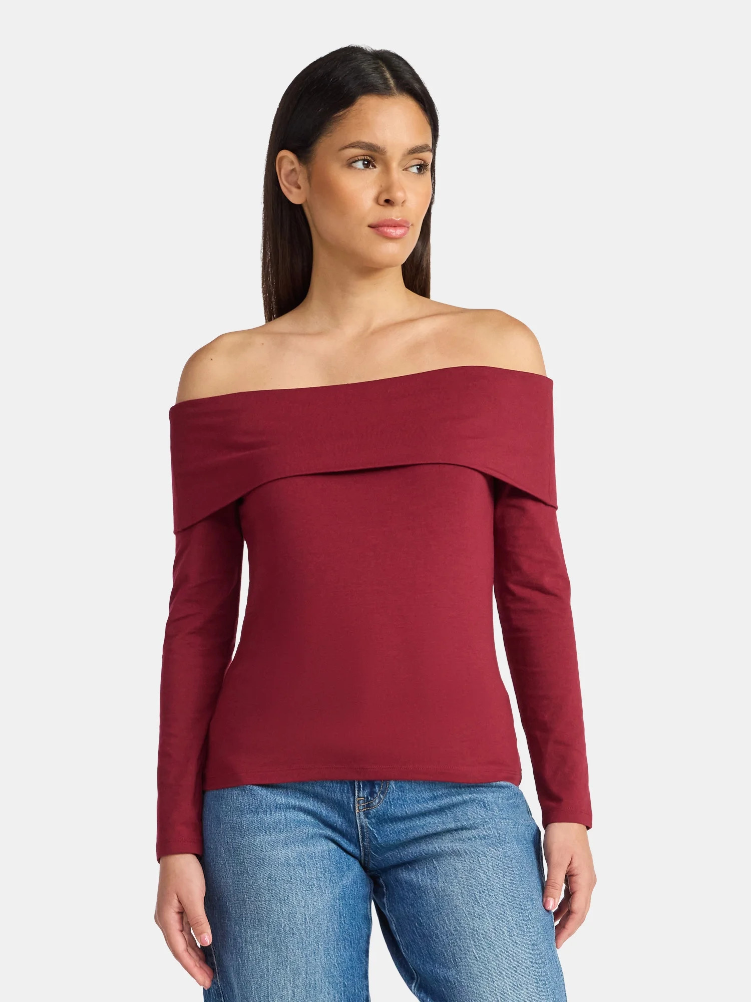 Time and Tru Women’s Fold Over Off Shoulder Top with Long Sleeves, Sizes XS-XXXL | Walmart (US)