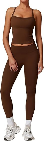 Womens Workout Sets Two Piece Cross Back Tank Top Matching High Waist Leggings Sets Gym Outfits W... | Amazon (US)