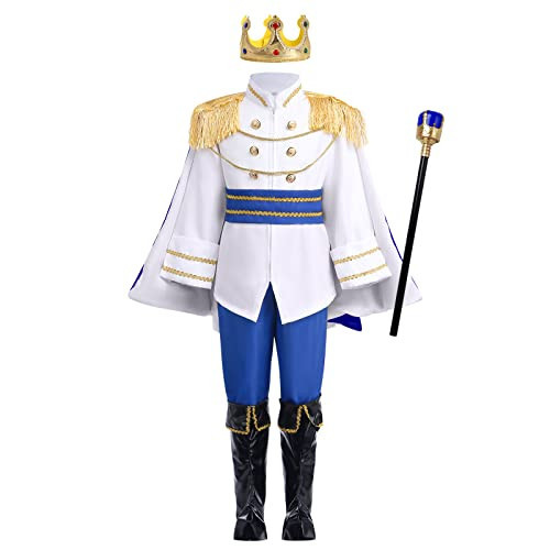 Prince King Charming Costume for Kids Boys Medieval Royal Prince Costume Halloween Christmas Cosplay Outfits Dress up Crown Truncheon Cape Belt Shoe Covers Accessories Set White Blue 7PCS 4-5 Years | Amazon (US)