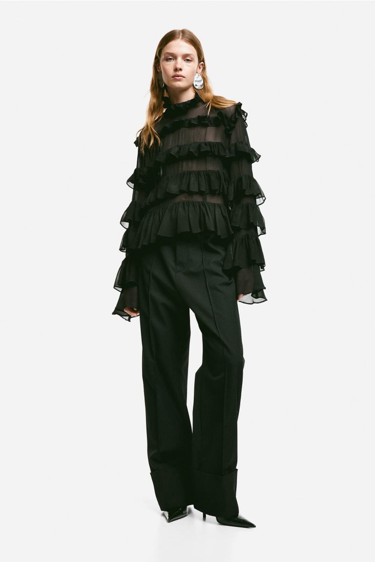 Frill-trimmed chiffon blouse - Black - Ladies | H&M GB | H&M (UK, MY, IN, SG, PH, TW, HK)