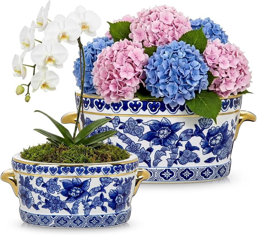 Blue and White Ceramic Planter Pot \u2013 Vintage Floral Oval Cachepot Vase for Indoor Plants, Fl... | Amazon (US)