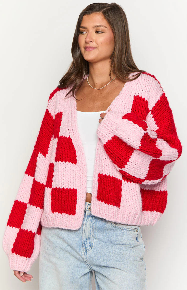 Envi Pink And Red Checkered Knit Cardigan | Beginning Boutique (US)