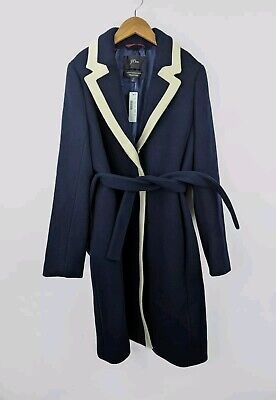 NWT RARE J CREW Womens Sz 10 Tipped Topcoat Navy Blue Meghan Markle Belted K0708  | eBay | eBay US