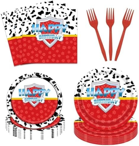96 Pcs Red Dog Paw Happy Birthday Plate And Napkins Supplies Tableware Disposable Paw Print Party... | Amazon (US)