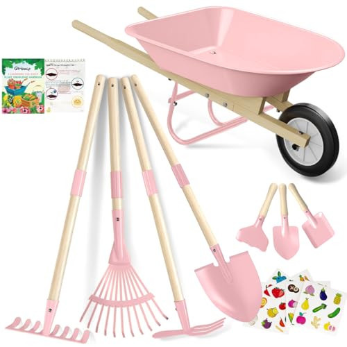 Qtioucp Kids Wheelbarrow Set with Gardening Tools Outdoor Backyard Garden Play for Toddlers Boys Girls 3-8, with Shovel, Rake, Leaf Rake, Easter Birthday Gifts (Pink Garden Set) | Amazon (US)