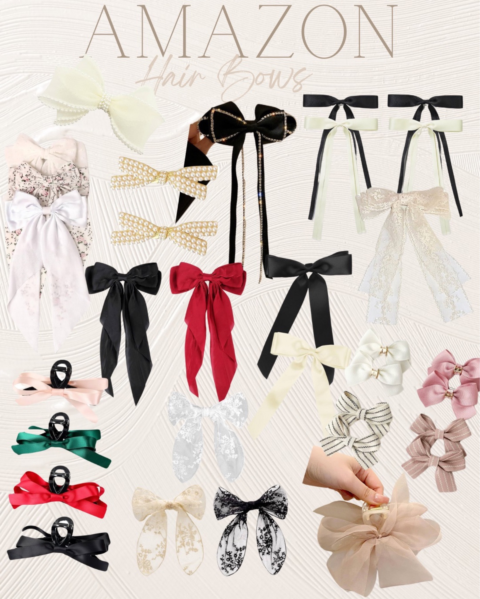 AMAZON- Hair bow clip accessories 

Hair bows, hair bow clip, mini bows for hair, big bows for hair, satin bow clip, lace bow clip, bow claw clip, rhinestone bow clip, pearl bow clip, girly hair accessories, hair bow accessories, black bow, white bow, red bow



#LTKstyletip #LTKbeauty #LTKfindsunder100