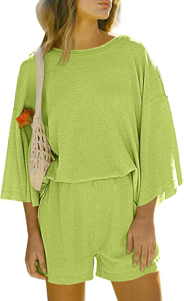 Tankaneo Womens Short Sets 2 Piece Outfits 3/4 Sleeve Tops and Elastic Waist Shorts Lounge Set Ca... | Amazon (US)