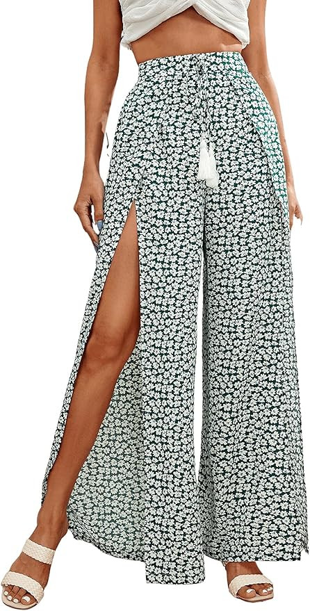 Floerns Women's Ditsy Floral Tie Front Wide Leg Wrap Long Pants | Amazon (US)