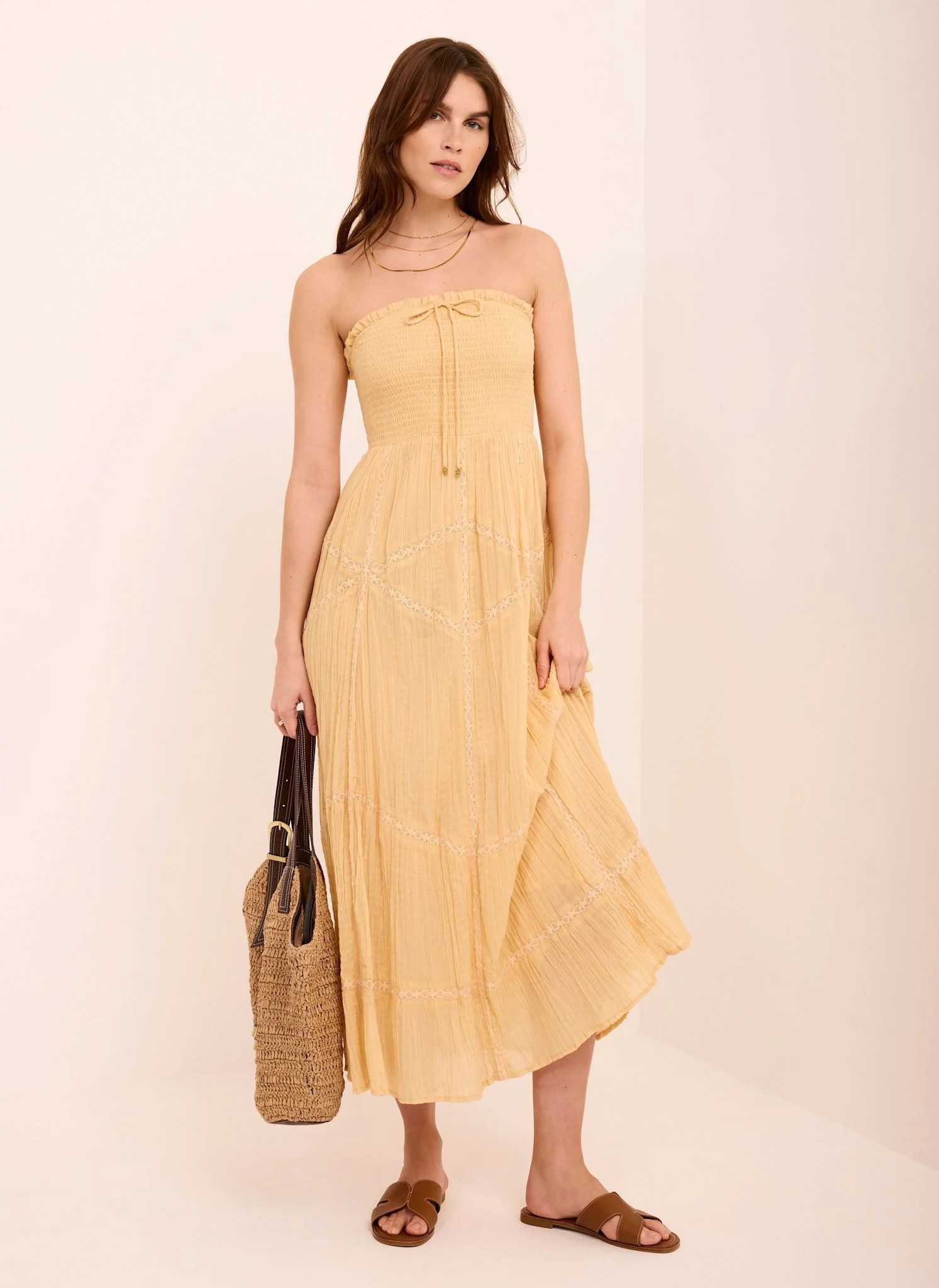 Yellow Cotton Bandeau Midi Dress | Mint Velvet