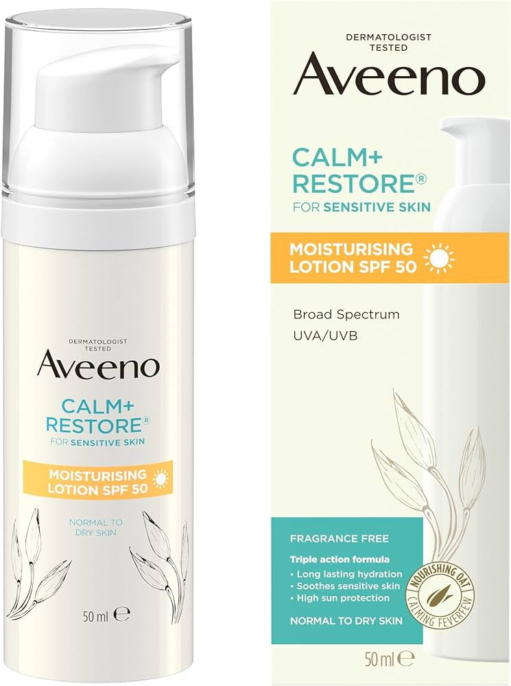 Aveeno Face CALM+RESTORE Moisturising Lotion SPF 50, 50ml - Soothes Sensitive Skin with Deep Hydr... | Amazon (UK)