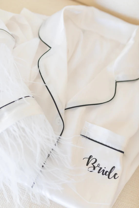 White Feather Bride Pajamas / White Pajamas / Bride Present / Bachelorette/ White Silk Pajamas / ... | Etsy (US)