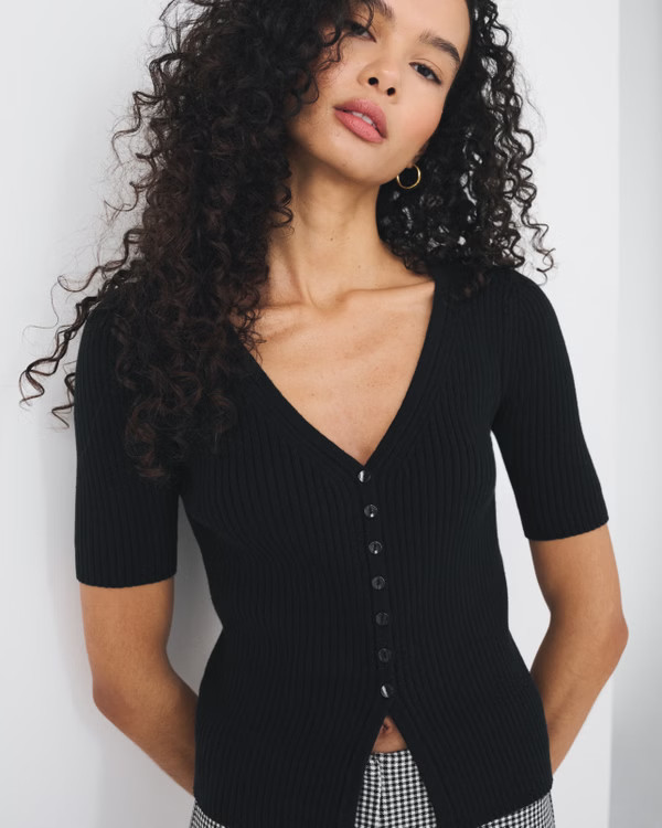 100% Cotton Rib Half-Sleeve Cardigan | Abercrombie & Fitch (US)