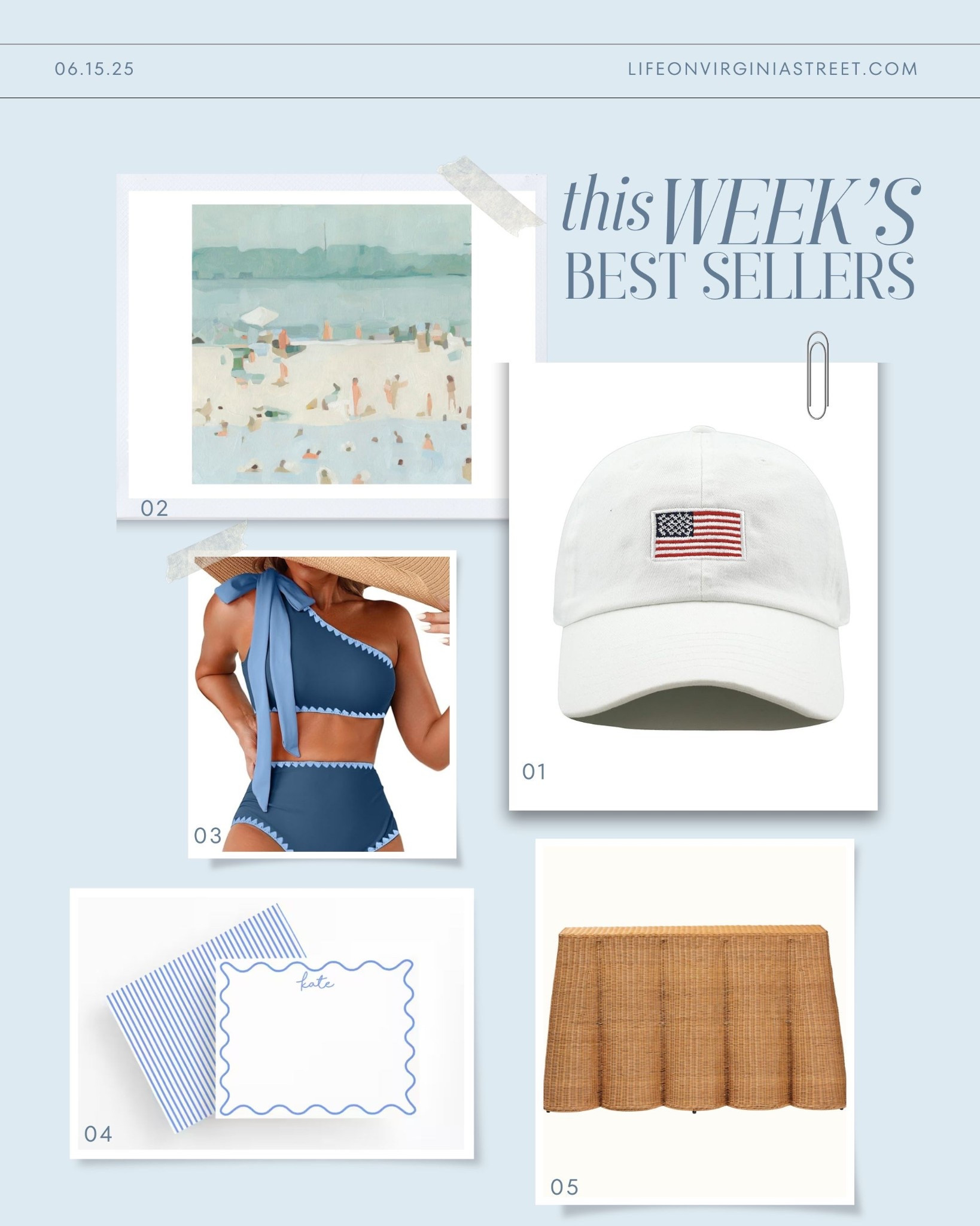 This week’s bestsellers include this cute American flag ball cap (comes in multiple colors), affordable abstract beach art, a chic bow tie bikini, customizable notecards, and our scalloped rattan console table! #ltkhome #ltkswim #ltkfindsunder50 #ltkfindsunder100 #ltksalealert #ltkseasonal #ltkover40 #ltkmidsize 

#LTKSwim #LTKHome #LTKOver40