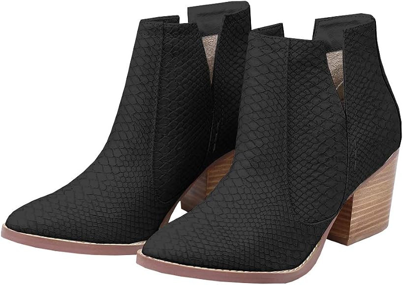 Kathemoi Womens Ankle Boots Slip on Cutout Pointed Toe Snakeskin Chunky Stacked Mid Heel Booties | Amazon (US)