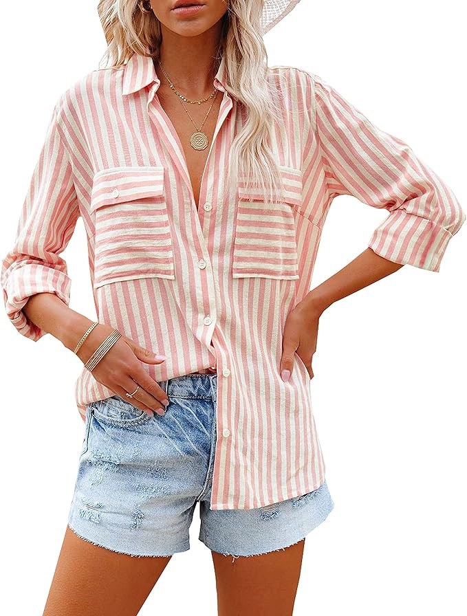 OMSJ Women's Striped Button Down Shirts Casual Long Sleeve Stylish V Neck Blouses Tops with Pocke... | Amazon (US)