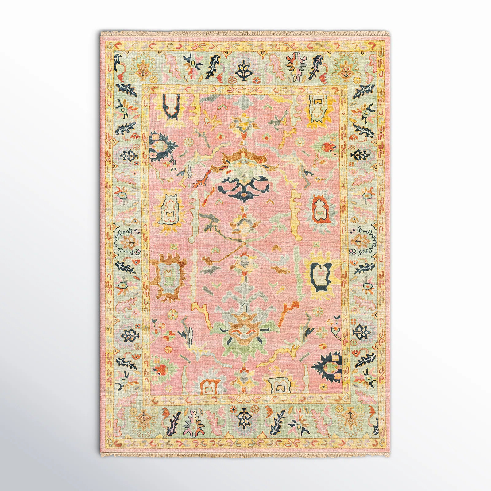 Morrisson Oriental Hand Knotted Pink/Green/Orange Area Rug | Wayfair North America