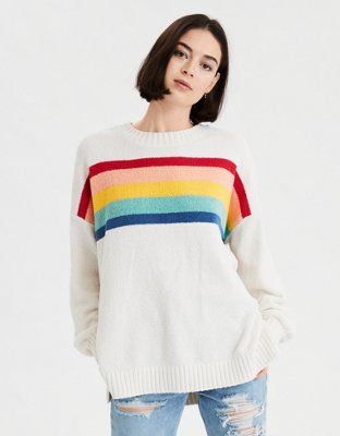 AE Chenille Striped Crew Neck Oversized Sweater | American Eagle Outfitters (US & CA)