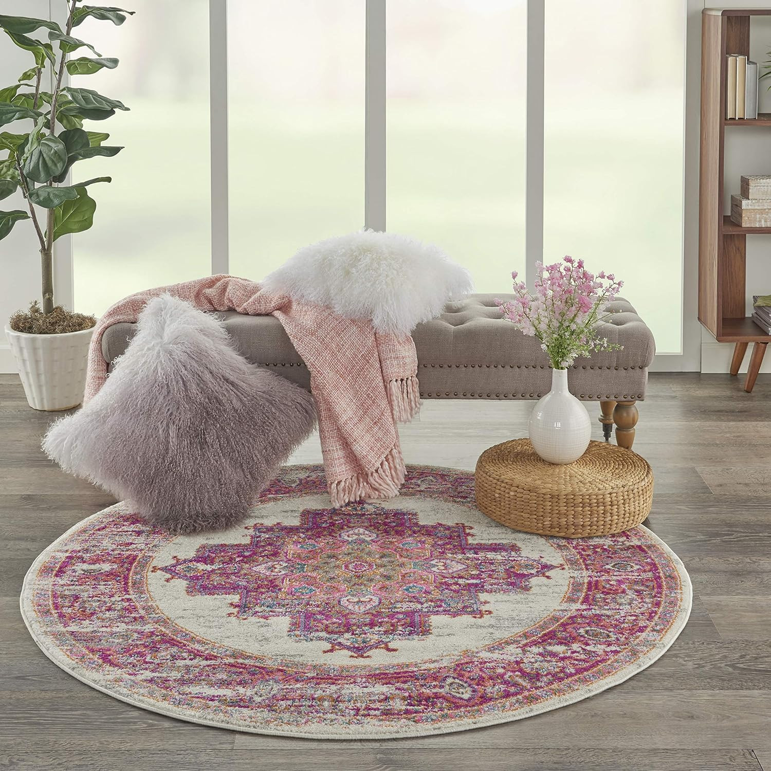 Nourison Passion Traditional Area Rug, 4'XROUND, IVORY/FUSHIA, 4 Feet | Amazon (US)