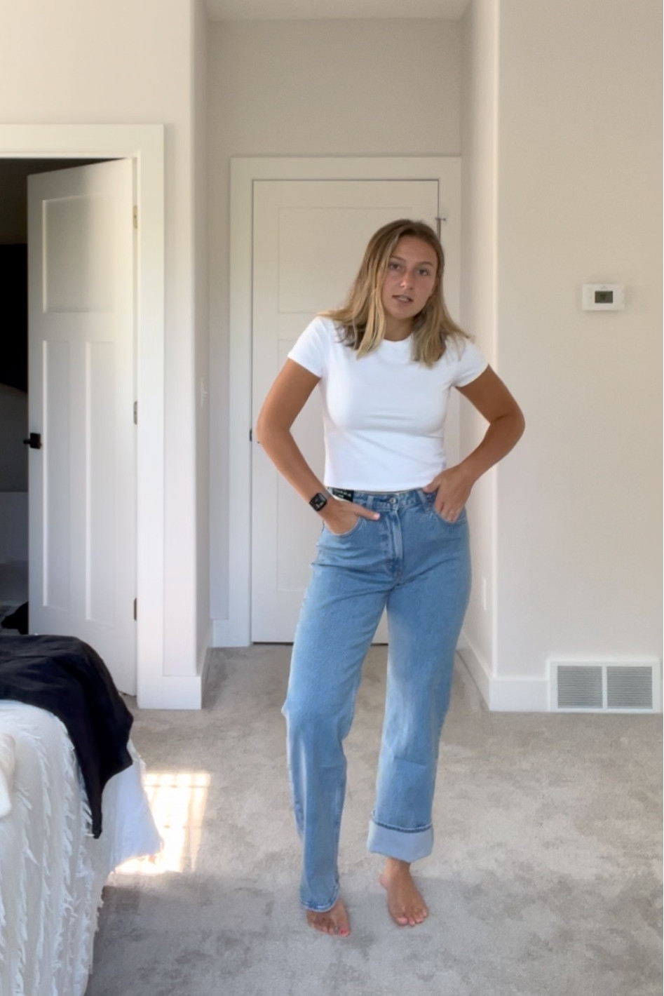 Abercrombie medium white baby t and curve love 90s relaxed jean size 28