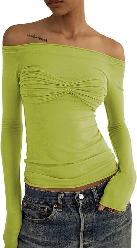 Women Y2k Off Shoulder Long Sleeve Tees Slim Fit Stretchy Top Solid Color Backless Tshirt Fashion... | Amazon (US)