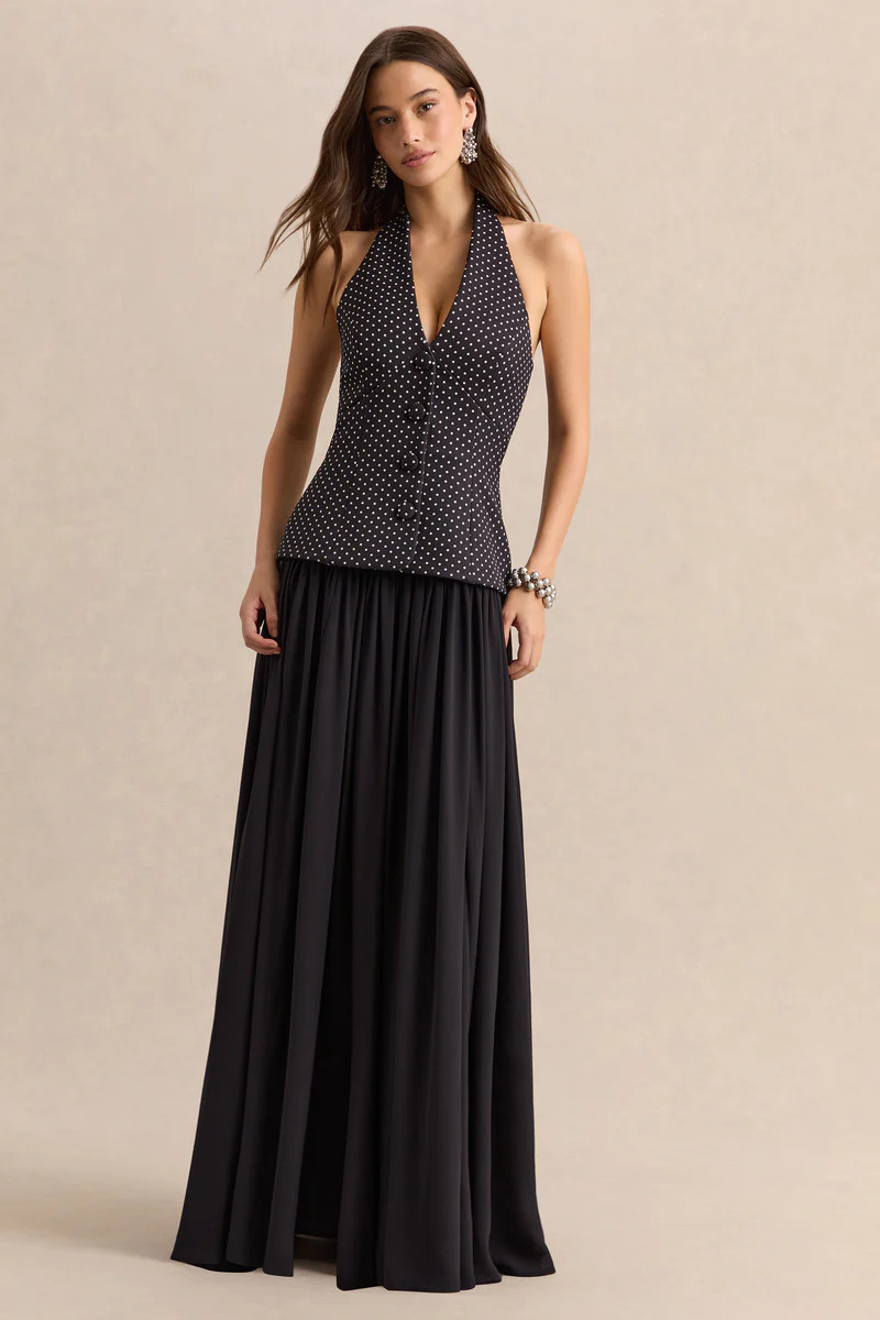 Zarina  Black & White Polka-Dot Plunge-Neck Maxi Dress | Club L London