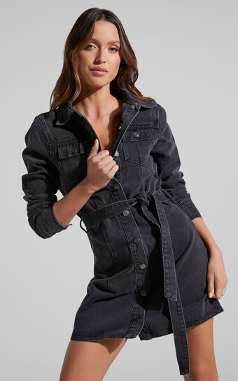 Enriquetta Mini Dress - Recycled Cotton Denim Long Sleeve Button Up Dress in Washed Black | Showpo (US, UK & Europe)