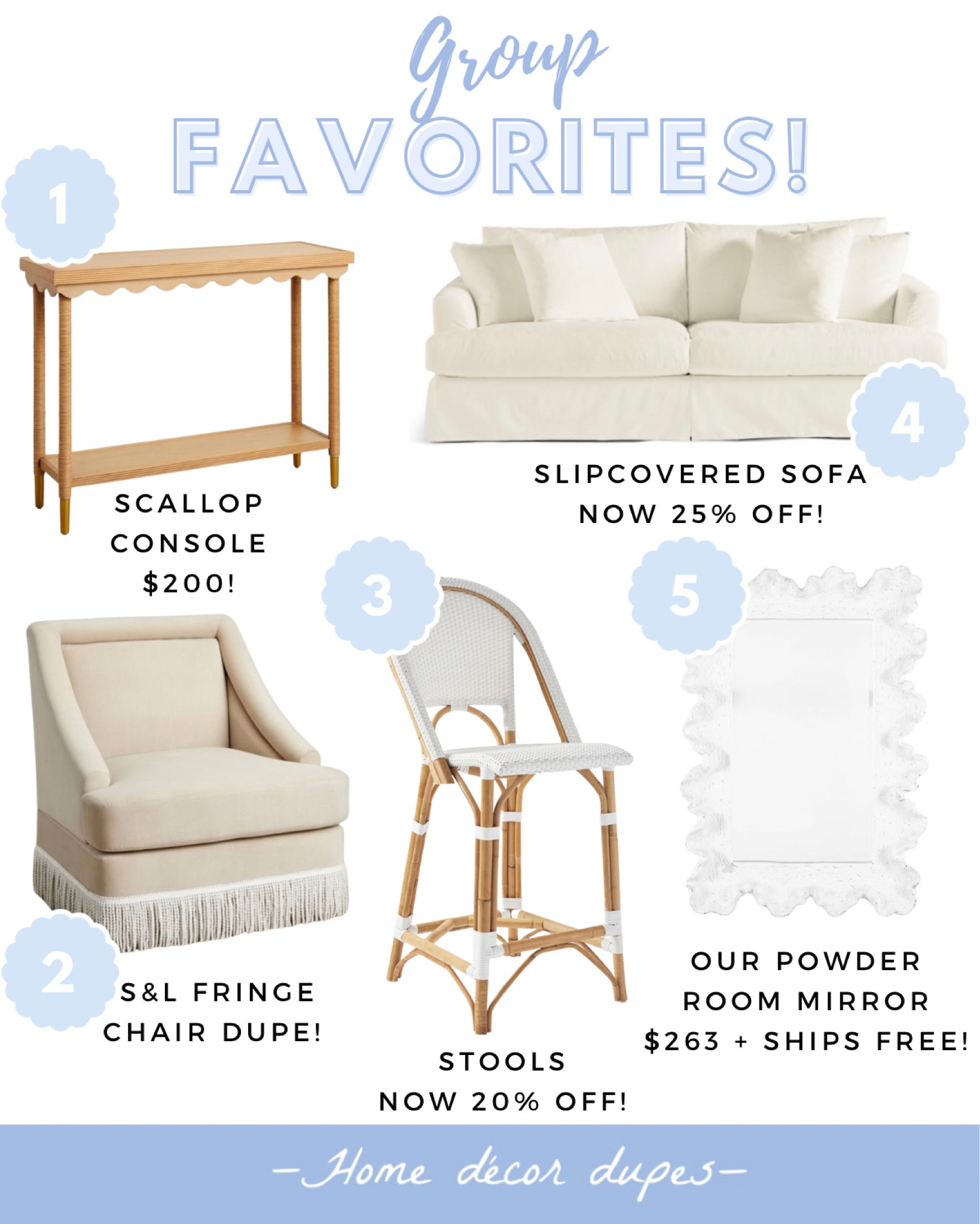 It’s been a minute since I’ve done our Home Decor Dupes group favorites!! 

Here are the top 5 buys from the group recently…that are all still in stock or haven’t gone up in price drastically 🤣😭 (amazon cane boxes specifically but I linked them so whoever didn’t snag can watch to see if the price goes back down!)

1. This scallop console table is just so pretty and under $200 🤯 
2. New fringe chair is a dupe for Serena & Lily chair that’s thousand more!! 
3. Our favorite kid friendly Serena & Lily Riviera collection is now on sale!! Use code: NEWLEAF to get 20% OFF your order!! There are no comparable dupes relative to quality and durability imo, especially when they’re on sale 🙌🏻
4. This Slipcovered Sofa was a group recommendation and now favorite with it being on sale for 25% OFF!!
5. And our powder room mirror is still a group favorite at the lowest price it’s ever been $263 + SHIPS FREE!!👏🏻👏🏻👏🏻

More group fav picks also linked!!

#LTKfamily #LTKhome #LTKsalealert