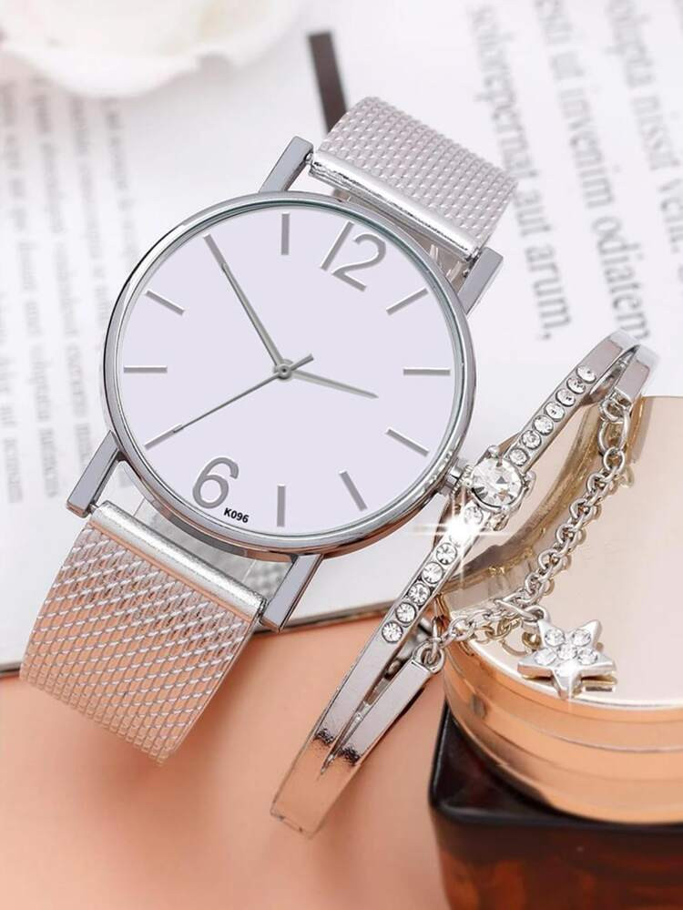 1 peça Relógio de quartzo com ponteiro redondo & 1 peça Bracelete | SHEIN