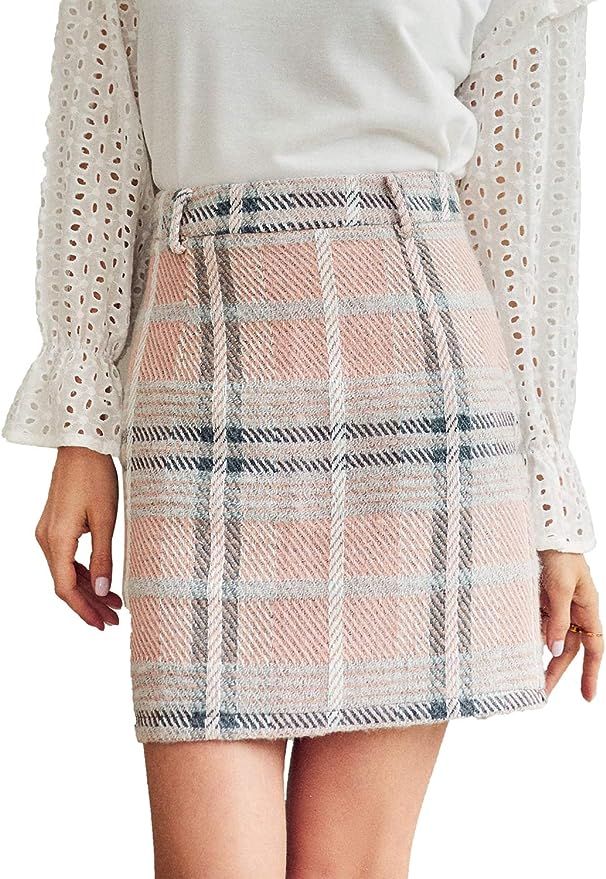 Miessial Women's Tweed Plaid Mini Skirts High Waist A-Line Short Pencil Skirts | Amazon (US)
