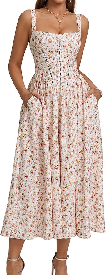 KUTUMAI Floral Corset Midi Dress Flowy Slit Summer Spring Wedding Guest Dresses for Women Sundres... | Amazon (US)