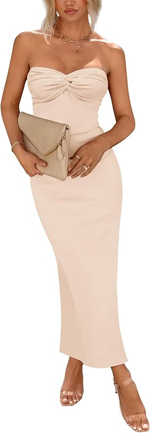 PRETTYGARDEN Women's 2026 Summer Bodycon Maxi Dress Strapless Tube Twist Knot Front Ribbed Knit S... | Amazon (US)