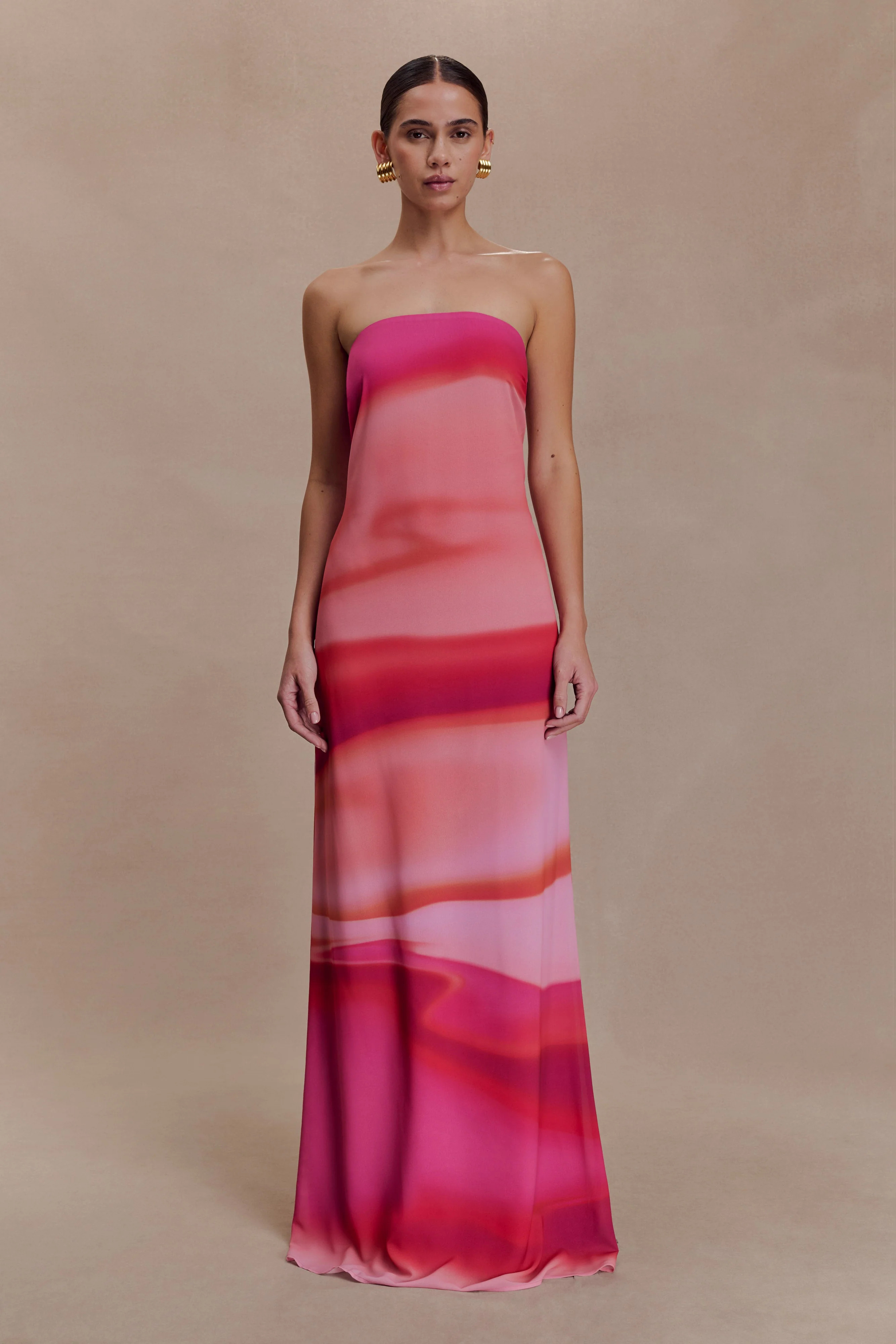 Amaya Strapless Chiffon Maxi Dress - Pink Sunset Print | MESHKI US