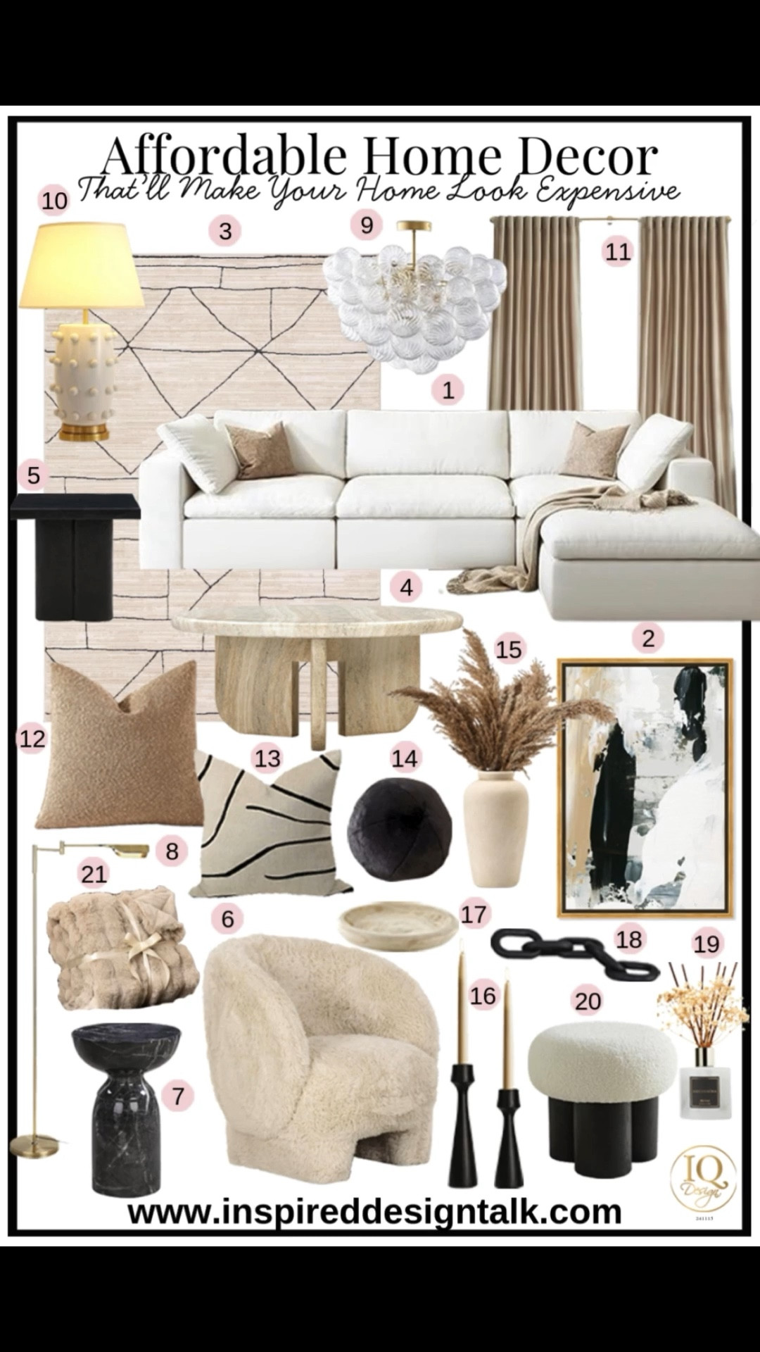 Luxe Neutral Home decor ideas for Amazon. Affordable Home Decor Living room decorating ideas on a budget. Cloud sofa, black accent chair, stone coffee table, throw pillows, abstract artwork, bubble chandelier, fur accent chair, boucle ottoman Pinterest 12-19-25

#LTKHome #LTKdayinmylife #LTKOver40