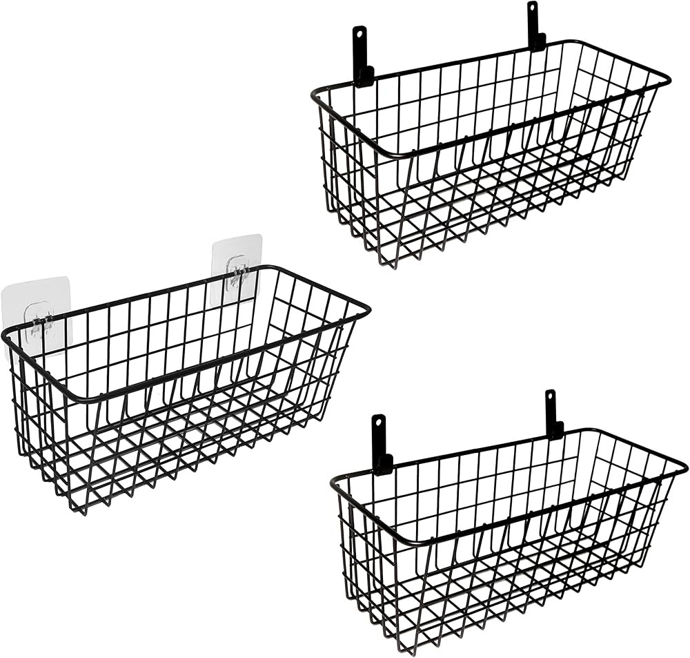 3 Set Hanging Wire Baskets ,Wall Mount Fruit Basket,No Drilling,Adhesive Small Metal Basket,Farmh... | Amazon (US)