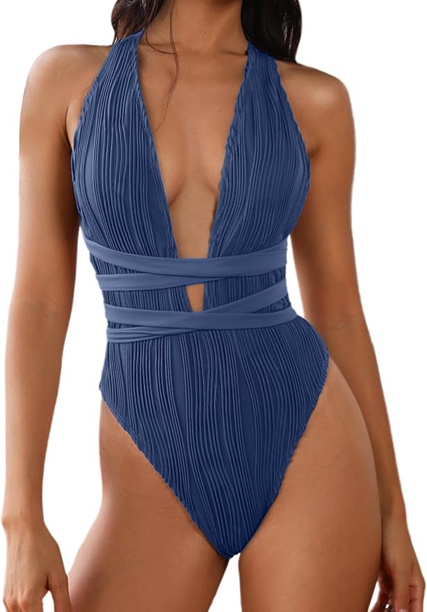 ZAFUL Women's One Piece Swimsuit Deep V Neck Ribbed Self Tie Sexy High Cut Bathing Suit Crisscros... | Amazon (US)