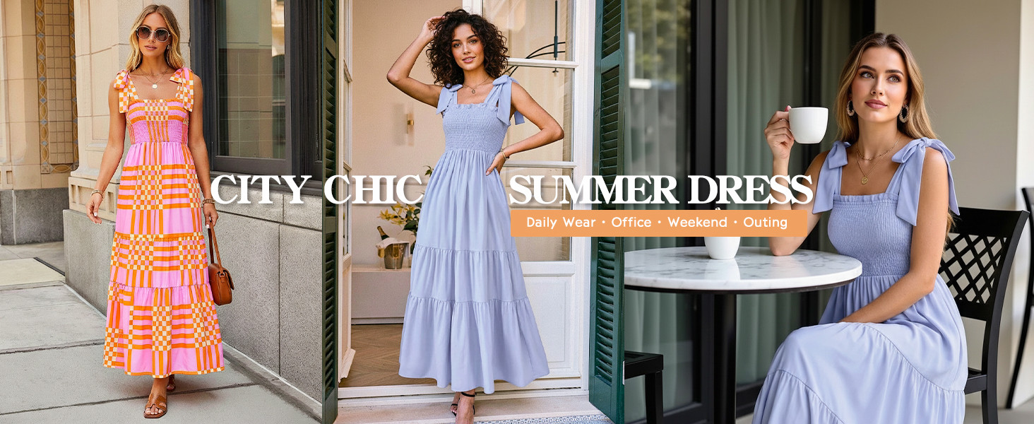 CURBODO Women's Summer Maxi Dress Boho Spaghetti Straps Casual Long A-line Smocked Beach Dress Sq... | Amazon (US)