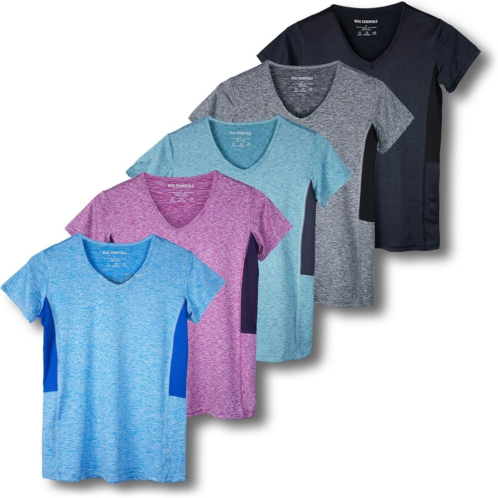 Real Essentials 5 Pack: Women's Short Sleeve V-Neck Activewear T-Shirt Dry-Fit Wicking Yoga Top (... | Amazon (US)