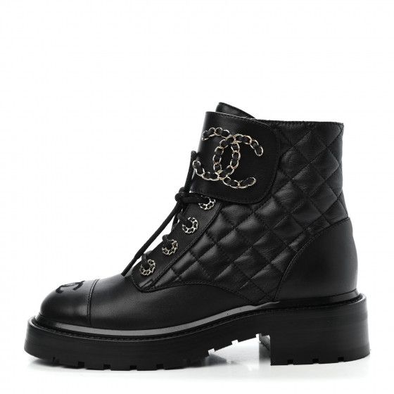 CHANEL

Shiny Lambskin Quilted Lace Up Combat Boots 35.5 Black | Fashionphile