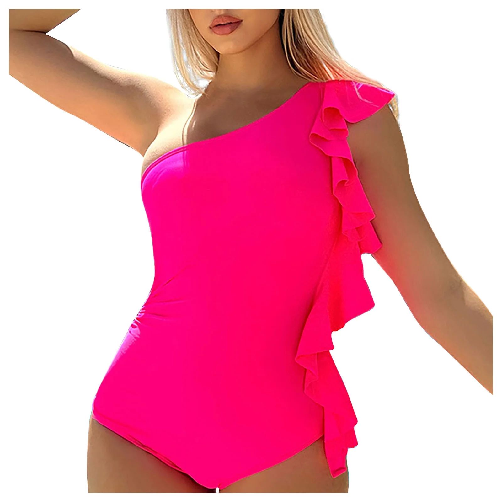 VSSSJ One-Piece Bikini Set for Women Ruffle One Shoulder Slimming Swimsuits Push-Up Solid Color F... | Walmart (US)