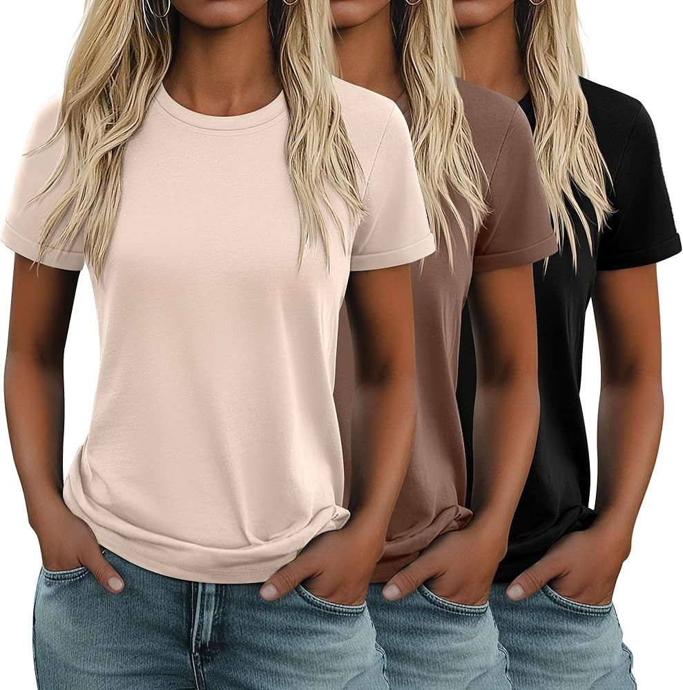 Huukeay 3 Pack Women's Cotton T Shirts Casual Short Sleeve Tunic Tops Crewneck Summer Loose Fit P... | Amazon (US)