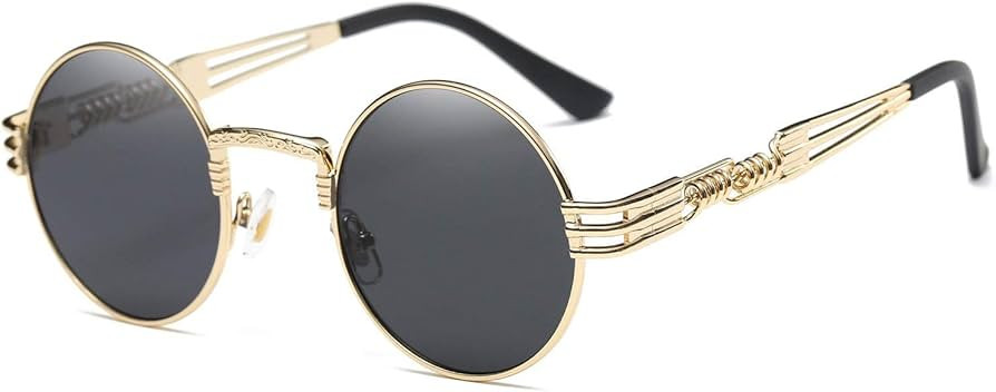 Dollger Round Sunglasses Black Steampunk Glasses Gold Metal Frame Mirror Lens Sunglasses | Amazon (US)