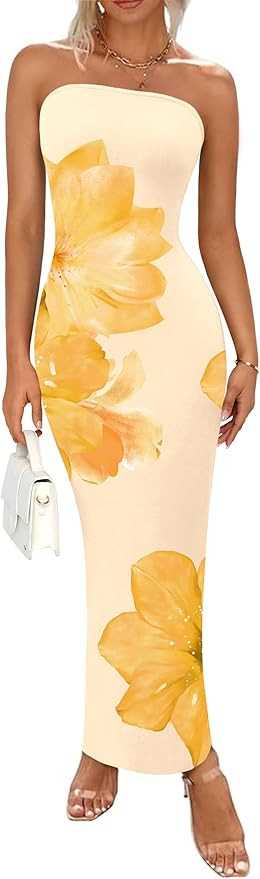 PRETTYGARDEN Women Summer Strapless Maxi Dress Bodycon Floral Sexy Long Wedding Guest Dress Forma... | Amazon (US)