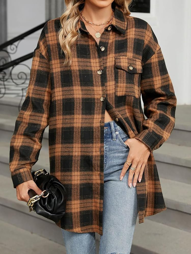 Women's Casual Button Down Plaid Shirts Flannel Shacket Jacket Long Sleeve Loose Fit Work Blouses... | Amazon (US)