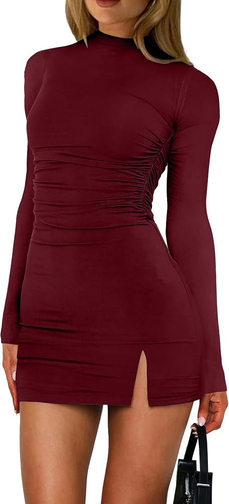 HYPERFIRE Women's Long Sleeve Mock Neck Ruched Bodycon Dress Cocktail Party Club Mini Dresses Goi... | Amazon (US)