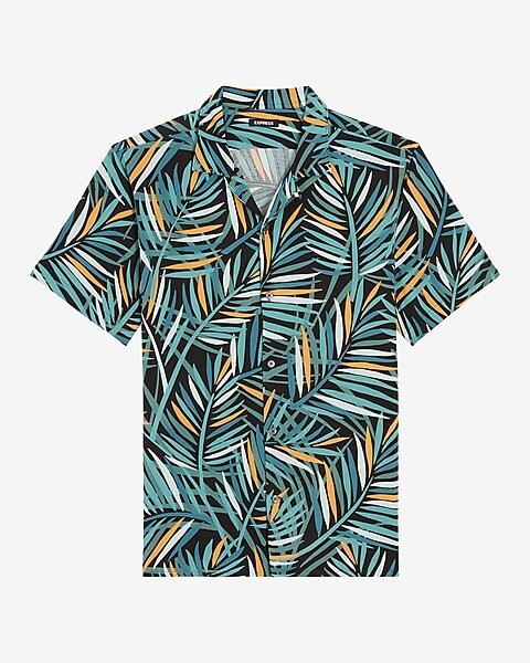 Slim Palm Print Rayon Short Sleeve Shirt | Express