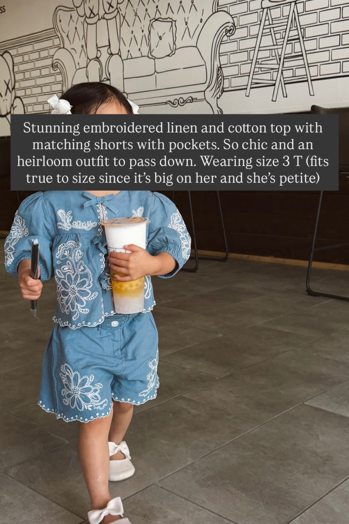 Toddler girl outfit with a cotton and linen blend embroidered shirt and matching shorts. Shorts have pockets  and an elastic waist. Sizing is true to size and she’s in a 3T so it’s oversized on her. Also linking these soft ballet flats that are barefoot friendly

#LTKKids #LTKmomlife