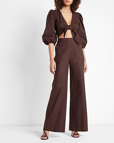 Super High Waisted Linen-Blend Wide Leg Trouser Pant | Express