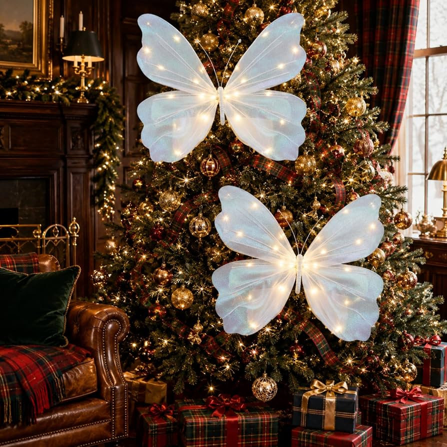 Tujoe 2 Pcs Large Butterfly Decoration 3D Butterfly Topper Ornament with String Light Christmas T... | Amazon (US)